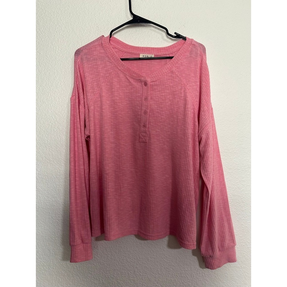 Kori Pink Ribbed Henley Top Womens L Long Sleeve Raglan Knit Barbiecore